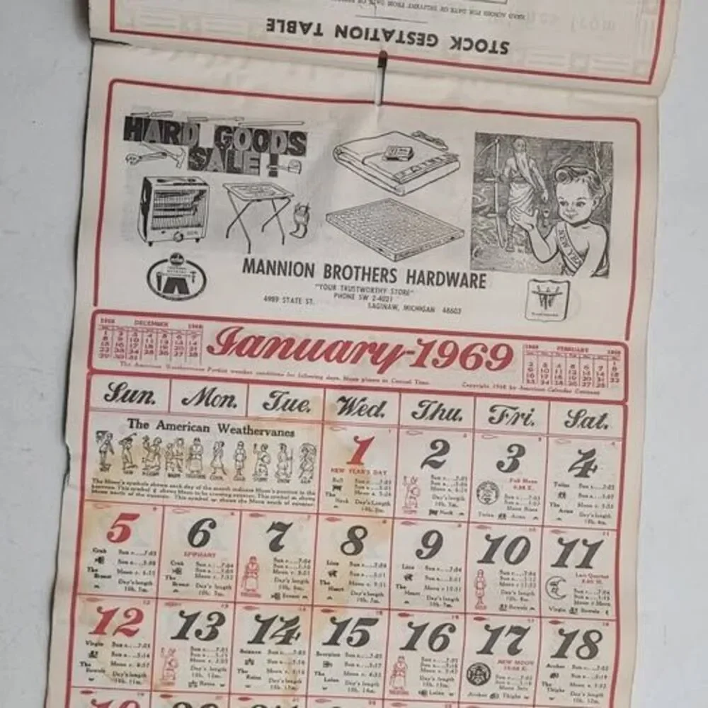 Vintage 1969 Mannion Brothers Hardware Calendar